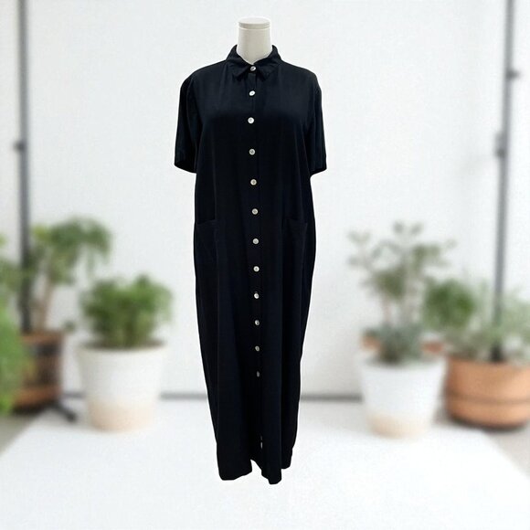 Annex Black Linen Rayon Button Front Midi Dress Size 16W Vintage Minimalist - Picture 1 of 9